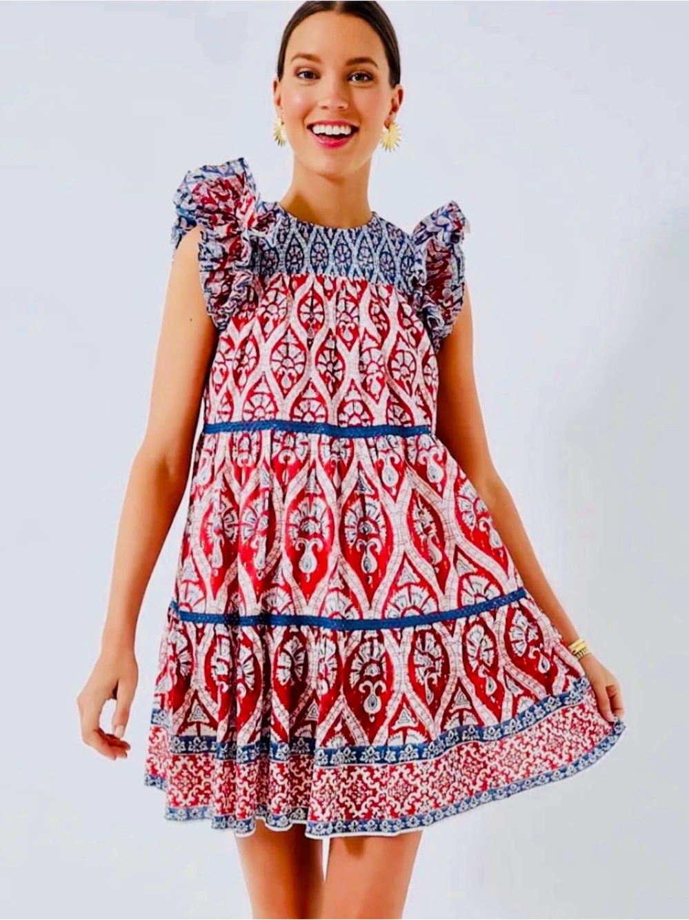 Tuckernuck Red and Blue Printed Ruffle-Sleeve Mini Dress